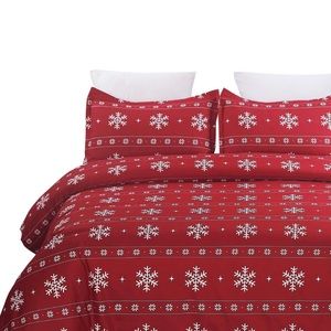 Holiday Christmas Duvet Cover and Shams Red White Snowflakes Bedding